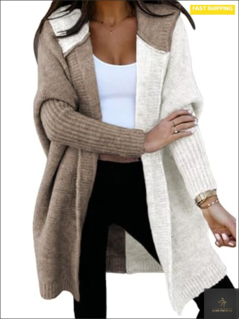 Hooded Knit Cardigan Sweater Long Sleeve Color Block Women's Fall Outerwear